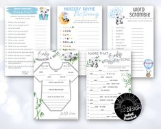 the baby shower game is set up on top of a white background with blue and green accents