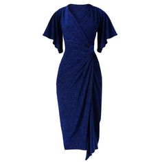 The Emporium Dress In Sapphire Fluted Sleeves, Lurex Fabric, Artfully Designed, Shape Wear, Stocking Fillers For Her, Gala Dinner, Fitted Style, Independent Designers Fashion, Body Shape