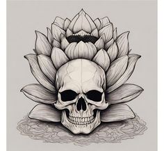 a skull sitting on top of a flower with leaves in it's head,