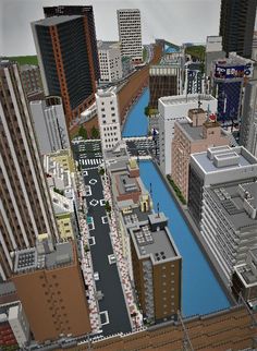 Minecraft City Bridge Ideas, Minecraft High Rise, Minecraft Downtown Buildings, Minecraft City Ideas Layout, Batman Minecraft, City Minecraft, Minecraft Japanese House