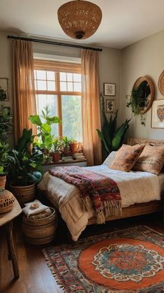 a bed room with a neatly made bed and lots of plants