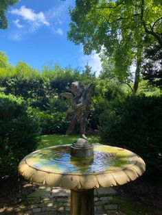 a fountain in the middle of a garden