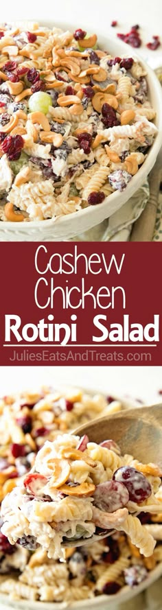 the recipe for cashew chicken rotini salad is shown in two different pictures, one with