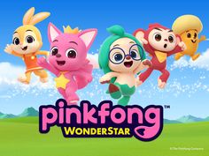 pinkfong's wonder star logo with five cartoon characters flying in the sky