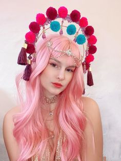 Fantasy Tassel Halo Pompom Crown - Etsy Boomtown Festival, Festival Headdress, Forest Festival, Electric Forest Festival, Steal The Spotlight, Festival Inspiration, Costume Hats, Colour Combinations, Steampunk Fashion