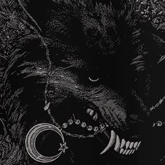 a black and white drawing of a wolf's face with the moon in its mouth