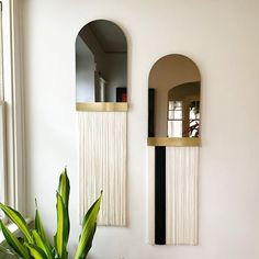 a potted plant sitting on top of a table next to a mirror