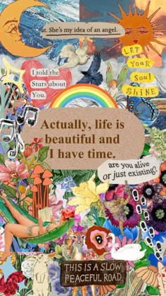 a collage with words and pictures on it, including an image of a woman surrounded by flowers