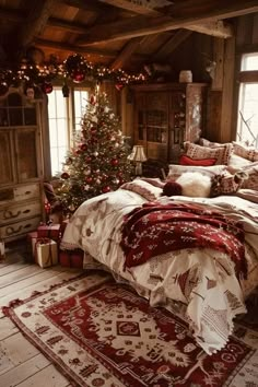 a bedroom with a christmas tree in the corner