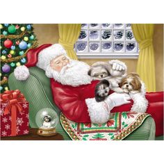 a painting of santa claus holding three pugs in his lap with christmas decorations around him