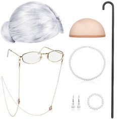 PRICES MAY VARY. Package includes: the package comes with 1 x old lady wig, 1 x wig cap, 1 x walking cane, 1 x granny glasses, 1 x eyeglass chains strap, 1 x faux pearl beads necklace, 1 x faux pearl beads earrings, 1 x faux pearl beads bracelet, suitable for Halloween costume Faux pearl beads necklaces set: made of faux pearls and durable metal lobster clasp, look great at costume parties, themed parties, cosplay, or any other events to complete your party look Old lady wig: the wig is made of Old Lady Wig, Granny Wig, Granny Glasses, Gray Wig, Old Lady Costume, Eyeglass Chains, Pearl Bead Necklace, Necklaces Set, Costume Parties