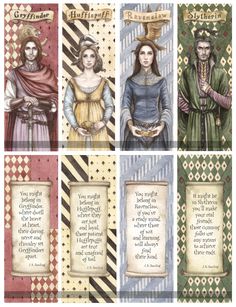 four cards with pictures of people in medieval dress