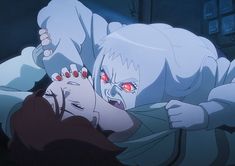 an anime character laying in bed with red eyes