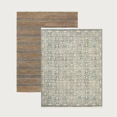 two rugs with different colors and patterns on them, one in beige and the other in blue