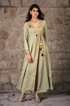 Buy Inej Green Rayon Flex V-neck Angrakha Set Online | Aza Fashions Indian Kurti Designs, Kurti Patterns, Casual Indian Fashion, Traditional Indian Outfits, New Address, Kurti Designs Party Wear