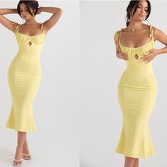 two pictures of a woman in a yellow dress with her hands on her hips and the other side of her body