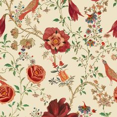 a floral wallpaper with red flowers and birds on it's white back ground