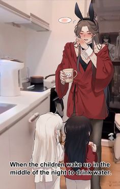 a woman in a red robe drinking from a cup while standing next to a white dog