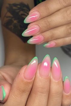 Pink Aura almond nails Celebrity Nails Trends 2024, Crazy Summer Nails, Leaf Nail Art Designs, Celebrity Nails Trends, Leaf Nail Art, Vacation Nails Beach, Crazy Summer, Season Nails