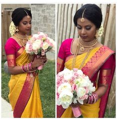 a woman in a yellow and pink sari holding flowers