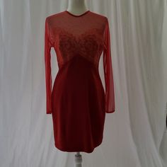 92% Polyester/ 8% Lycra/ Sequins Armpit To Armpit: 16" Waist: 14.5"2 Total Length: 34" New Without Tag Blu2bow28chr Lined Long Sleeve Cocktail Dress, Red Long Sleeve Dress With Fitted Bodice, Red Long Sleeve Dresses With Fitted Bodice, Red Sheer Mini Length Dress, Red Sheer Mini Dress, Red Fitted Long Sleeve Dress, Fitted Sheer Dress For Formal Occasions, Long Sleeve Lined Evening Dress, Long Sleeve Lined Mini Evening Dress