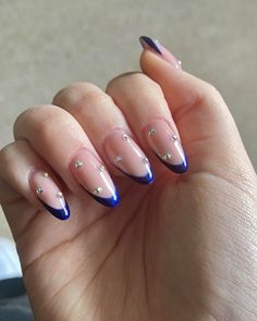 Royal Blue Nails For Prom With Diamonds, Navy Blue Diamond Nails, Navy Blue Nails With Diamonds, Nails Blue With Diamonds, Navy Blue Sparkle French Tip Nails, Navy Blue Gem Nails, Navy Blue Nail Inspiration, Royal Blue Almond Acrylic Nails, Royal Blue And Silver Nails Almond