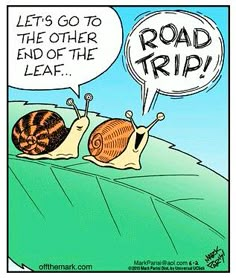 two snails with speech bubbles saying let's go to the other end of the road trip