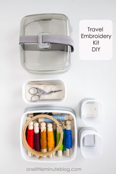 the travel embroidery kit is organized with scissors, thread, and other sewing supplies in plastic containers