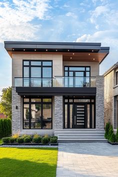 a modern house with large windows and lots of grass