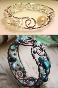 two different bracelets with beads and wire work on the bottom, one is made out of