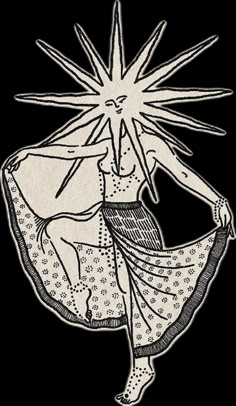 a drawing of a woman dancing with the sun above her head