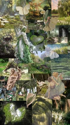 the collage shows many different images of people and animals in green grass, trees, and