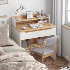 a bedroom with a bed, desk and chair next to a window in the corner