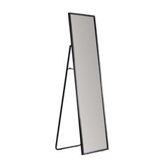 a standing mirror with a black frame on it's sides and a white background