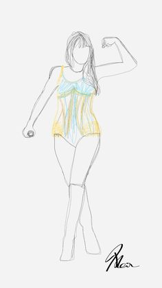 a drawing of a woman in a swimsuit holding a tennis racket and ball