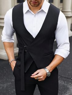 Manfinity Mode Men Solid Color Waist Buckle Connecting V-Neck Business Travel Suit Vest | SHEIN USA Men In Coat Suit, Formal Outfit For Men Classy, Men In Waistcoats, Waist Coat Designs Men, Formal Outfit For Men Weddings, Men Waist Coat Styles, Waistcoat For Men, Formal Vest For Men, Waist Coat Outfits Men