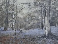 a painting of bluebells and trees in the woods