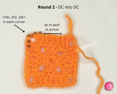 an orange crochet square is shown with instructions