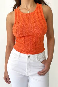 Megan Top Chic Cropped Orange Top, Chic Fitted Orange Crop Top, Spring Cropped Stretch Knit Top, Orange Fitted Knit Top For Spring, Spring Stretch Cropped Knit Top, Stretch Cropped Knit Top For Spring, Fitted Orange Knit Top For Spring, Fitted Orange Tops, Orange Stretch Tank Top For Spring