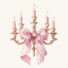 a chandelier with pink bows on it and three candles in the middle,