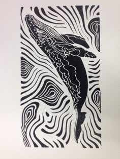 a black and white drawing of a dolphin swimming in the water with waves on it's back