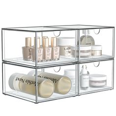 three clear shelves with different types of cosmetics