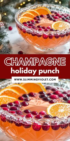 champagne holiday punch with orange slices and cranberries