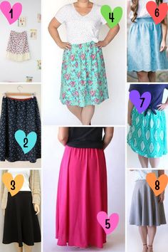 several different types of skirts with hearts on the front and back, all in different colors