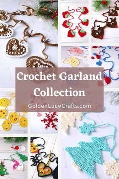 crochet garlands and ornaments are featured in this collage with text overlay that says crochet garland collection