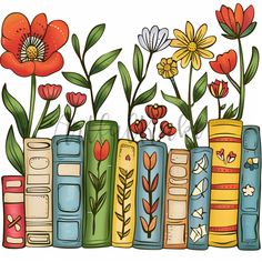 a row of books with flowers growing out of them