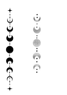 three phases of the moon in black and white, with stars on each one side