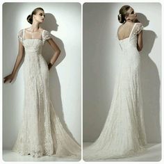 two pictures of a woman in a wedding dress with an open back and short sleeves