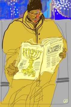 a drawing of a man reading a book with a lit menorah on it