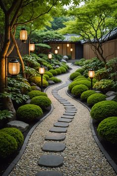 a garden with stepping stones and lights